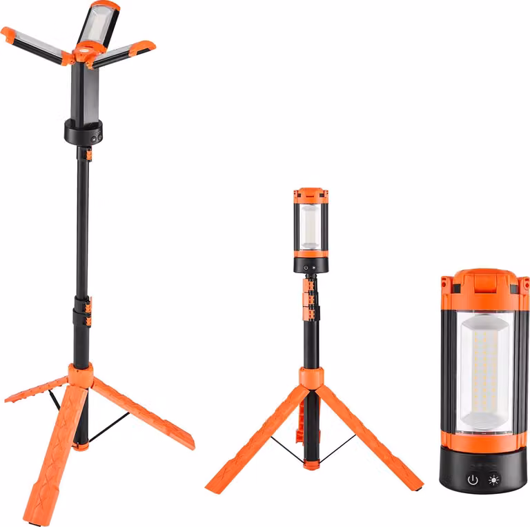 SucceBuy faretto da cantiere a LED con treppiede, luce da lavoro portatile da 10 Ah, luce da campeggio ricaricabile, dotata di 3 teste di lampada, supporto per treppiede staccabile, 2200 LM, dimmerabile da 3000 K a 6500 K, ideale per l'illuminazione dei c