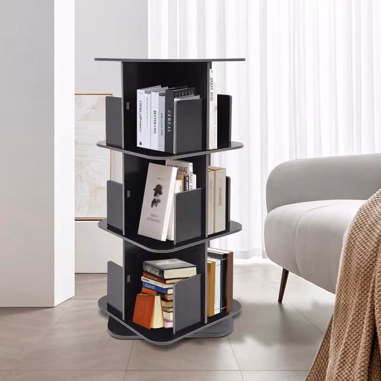 Libreria girevole - Libreria autoportante a 3 livelli - Ruotabile a 360° - Salvaspazio - Con bordo di sicurezza - Nero