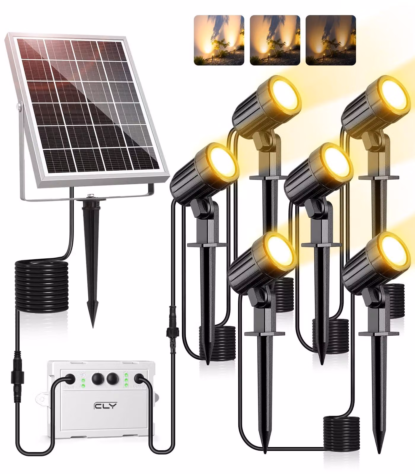 Set di 6 faretti LED solari, capacità 6000 mAh, grado di protezione IP66, 3 modalità, 3 livelli di luminosità