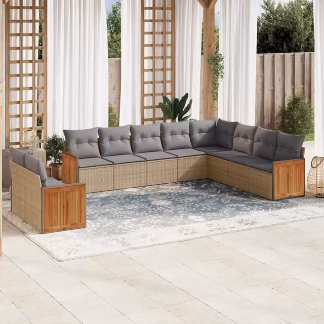 Set Divano da Giardino Moderno VIDAXL in Polyrattan con Cuscini Beige e Grigio, Composizione a L da 10 Pezzi