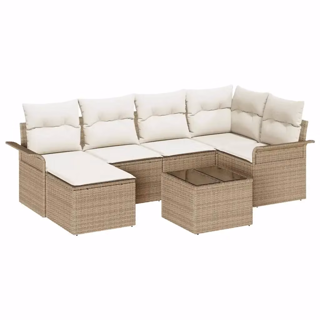 Set Divano da Giardino Moderno vidaXL a Forma di L in Polyrattan Beige con 7 Pezzi, Comprensivo di Tavolino, Pouf e Cuscini – 2