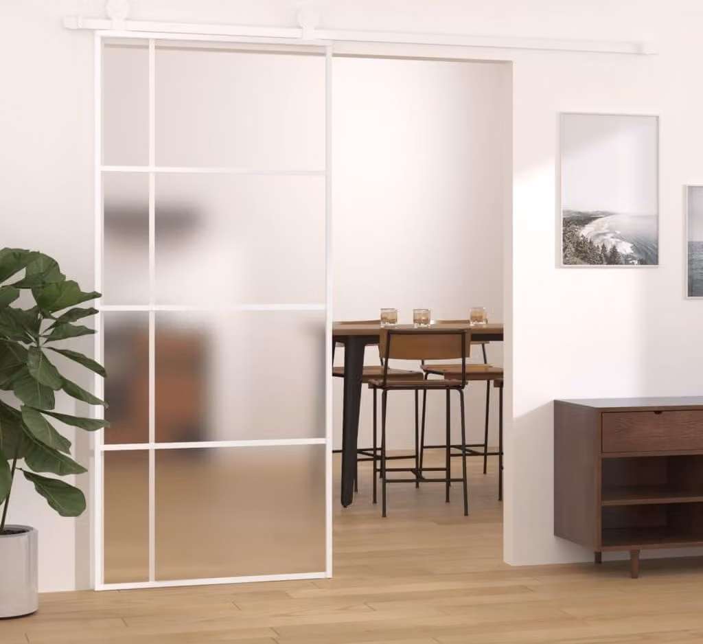 The Living Store Porta scorrevole ESG vetro e alluminio opaco 90x205 cm Bianco