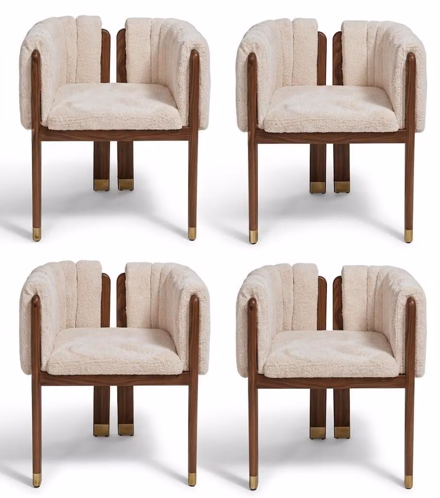 Set di sedie, design beige, rivestimento in tessuto, struttura in legno, eleganti, confortevoli, dal design intramontabile e dallo stile raffinato