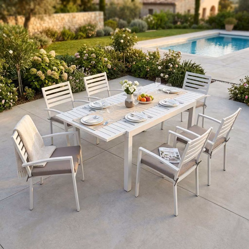 Milani Home - Set Tavolo Giardino Allungabile Rettangolare 160/240 Con 6 Poltrone In Alluminio Tortora Per Esterno - Tortora