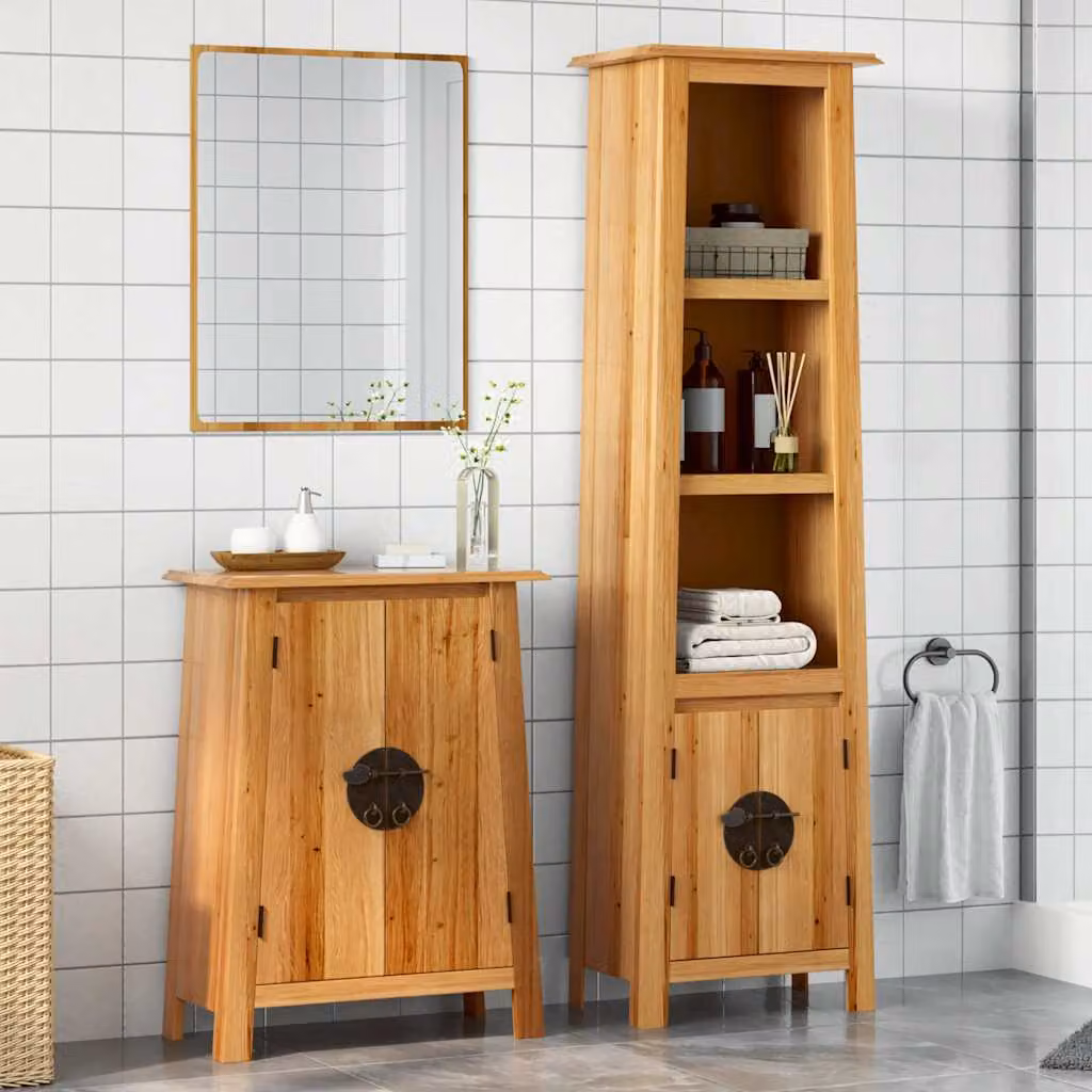 Set di mobili da bagno vidaXL in legno di pino marrone stile rustico composto da un armadio alto e un mobile laterale con ante a battente e ripiani interni