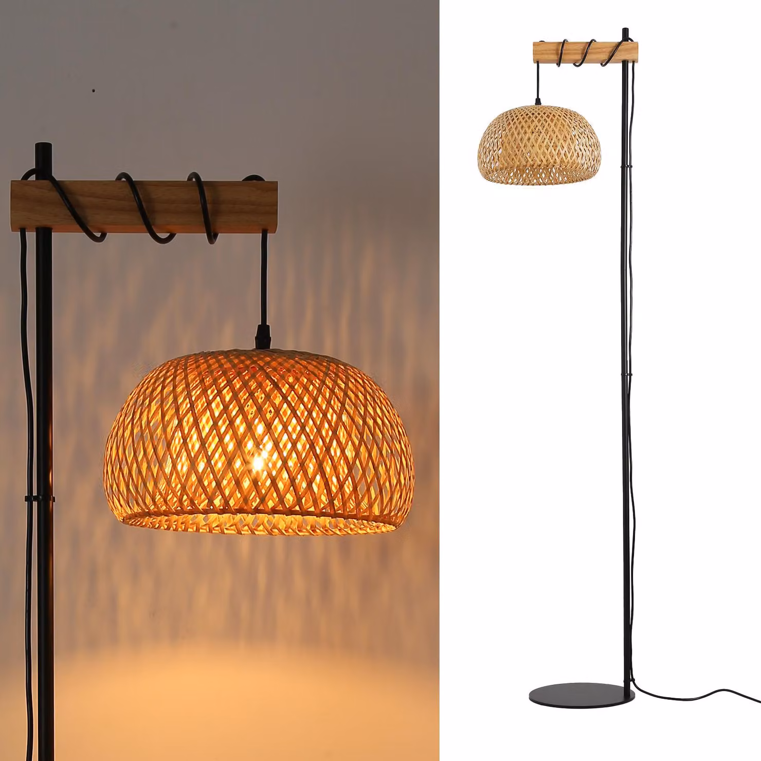 Lampada da terra Ylva in legno e vimini con paralume in bambù, interruttore a pedale e design moderno per soggiorno o cucina, E27