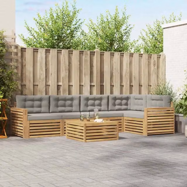 Set di divani da esterno a L con tavolino vidaXL, colore bianco e grigio, in legno di acacia trattato con cuscini inclusi
