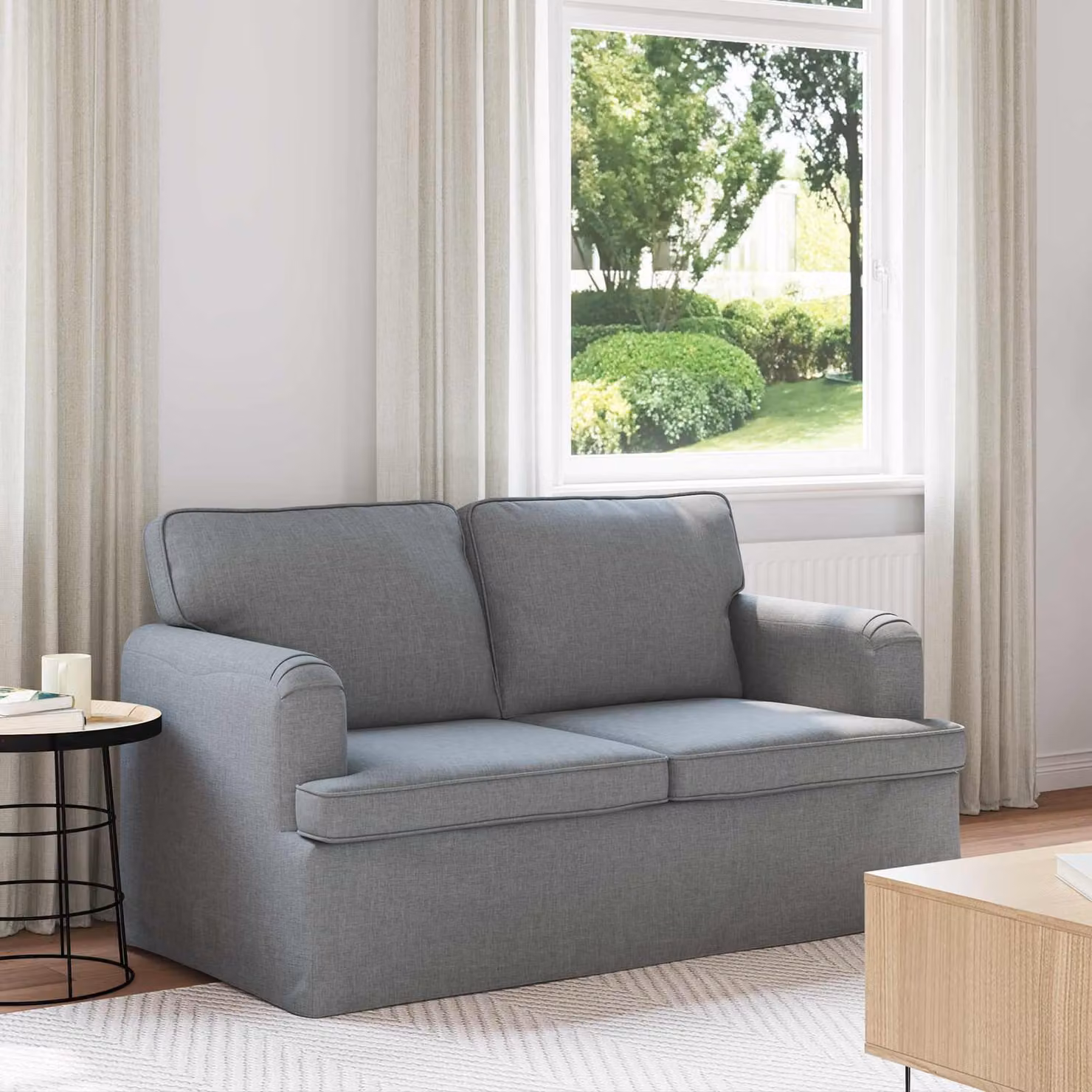 Divano vidaXL in tessuto grigio con struttura in metallo, L: 144 cm, P: 80 cm, H: 85 cm – 1