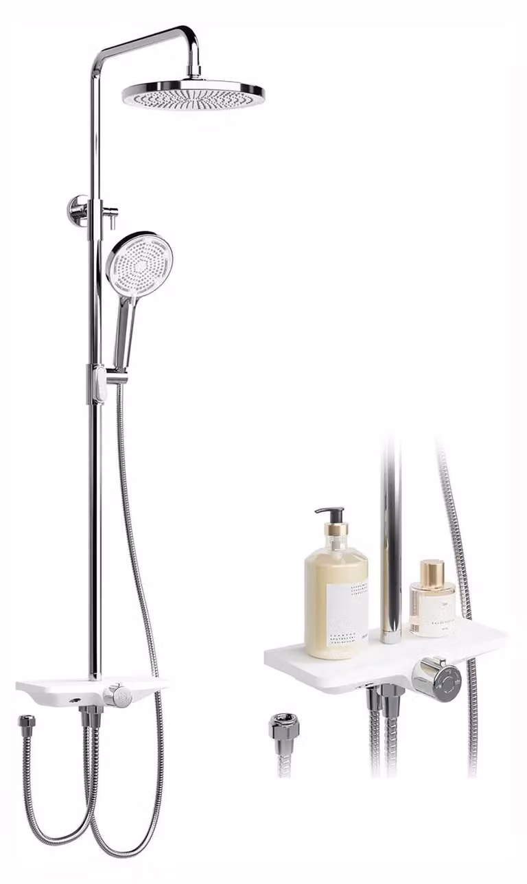 Sistema doccia per vasca da bagno - Colonna doccia con miscelatore - Doccia a pioggia con soffione rotondo - Acciaio inossidabile - Miscelatore acqua calda/fredda - Superficie lucida - Argento