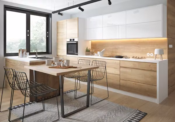 Cucina componibile AREZZO 370cm HETTICH completamente allungabile bianco Halifax fronte rovere - bianco lucido