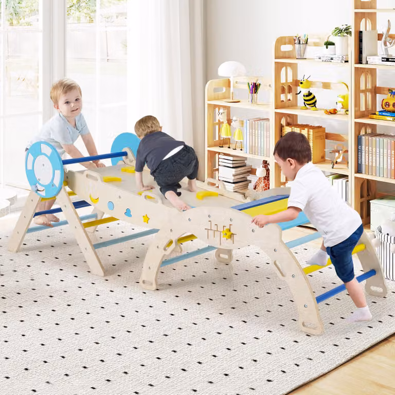 Set Montessori 8 in 1 Costway in legno con scivolo, scala ad arco e labirinto pieghevole per arrampicata interna, colori Macaron multicolore