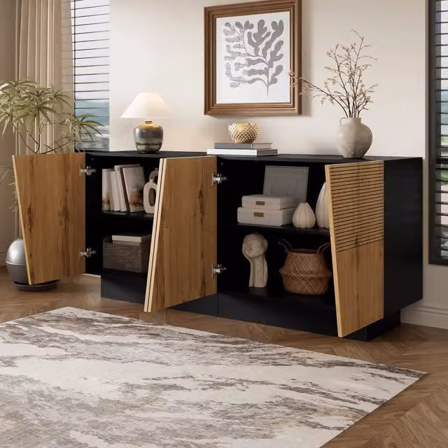 Credenza moderna OKWISH in MDF nero e marrone con design geometrico opaco per soggiorno, sala da pranzo o ingresso, L: 160 cm, P: 40 cm, H: 72 cm