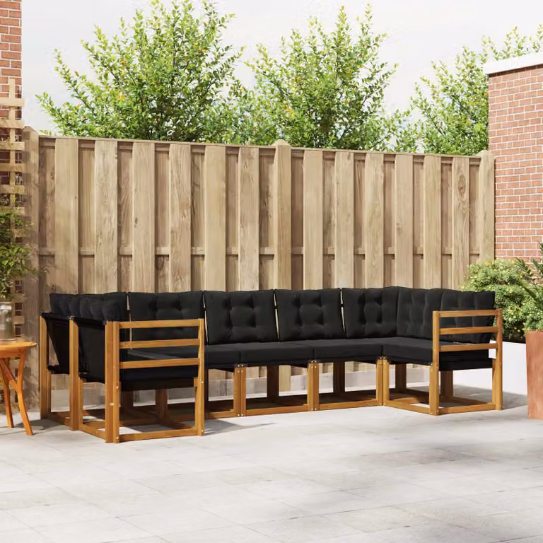 Set di divani da esterno vidaXL 7 pz in legno di acacia e textilene, colore naturale e nero, design moderno a L con cuscini inclusi