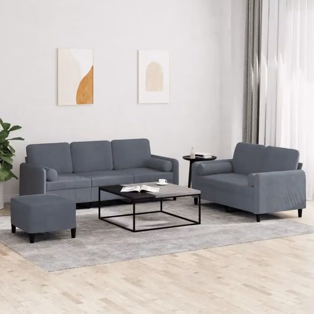 Set di divani moderno vidaXL in velluto grigio composto da divano a 3 posti, divano a 2 posti e pouf con cuscini inclusi – 1