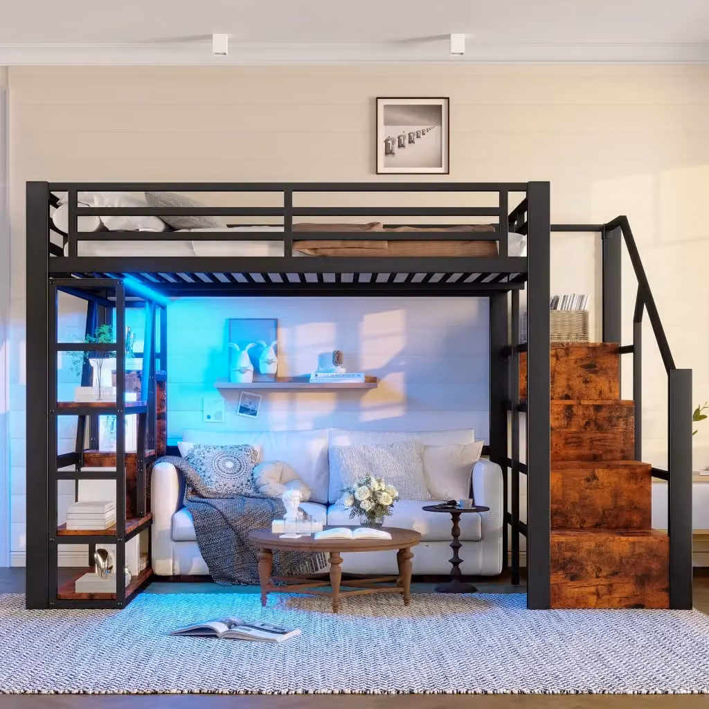 Letto a castello REDOM per bambini in metallo e MDF multicolore con scala, scomparti laterali e illuminazione LED L/P/H: 200 x 140 x 160 cm – 2