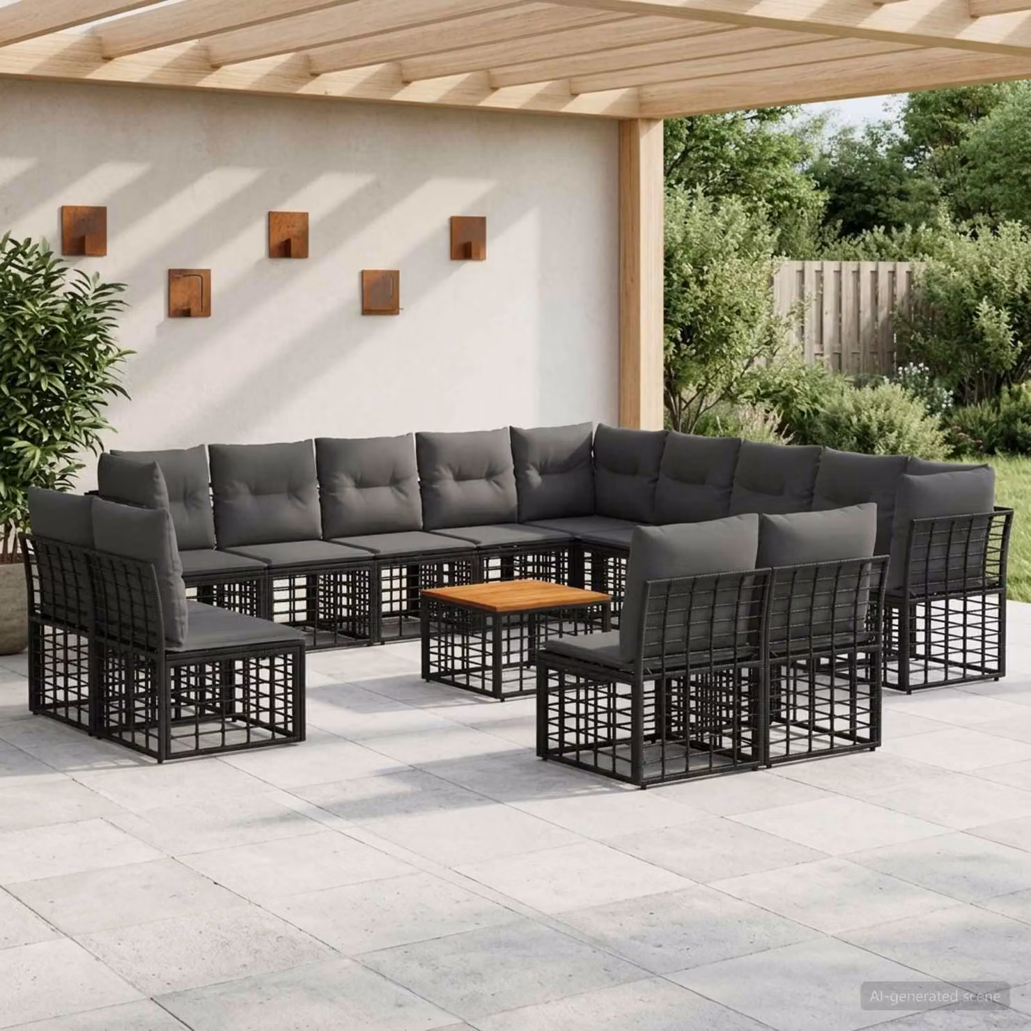 Set di divani da esterno vidaXL a forma di L con tavolino da caffè, 14 pezzi, Nero e Grigio, in metallo e tessuto resistente ai raggi UV