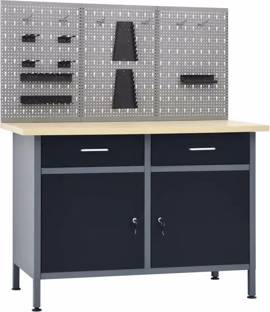 Banco da Lavoro Regolabile in Acciaio vidaXL con 3 Pannelli a Parete, Grigio e Nero, L: 120 cm, P: 60 cm, H: 85 cm