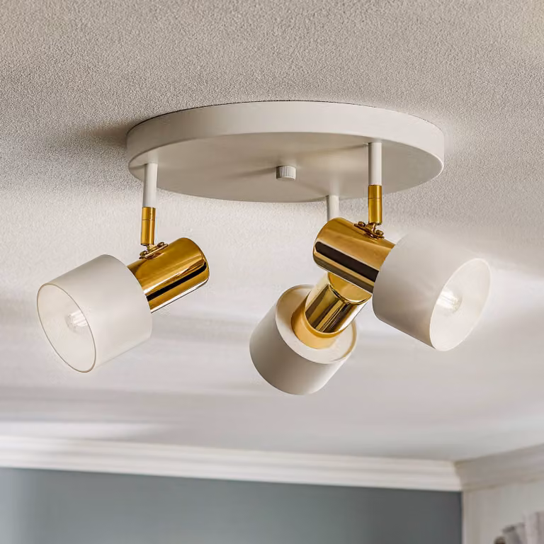 Faretto da soffitto Destin, 3 luci, bianco/ottone Destin Argon, dimmerabile, Ottone / Oro, Soggiorno / Sala da pranzo, Metallo, Moderno, Faretto