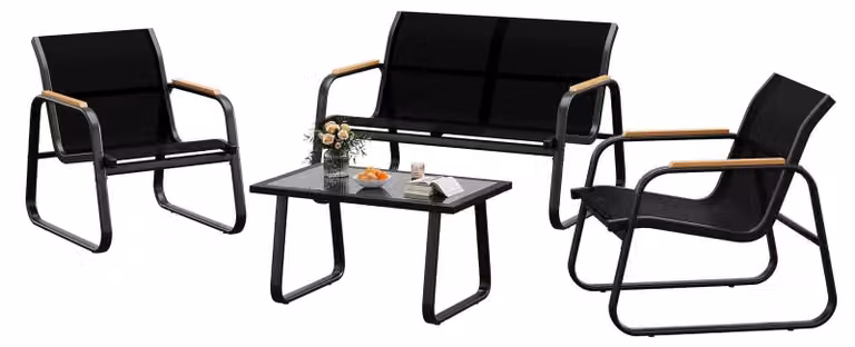 Set di mobili da giardino per terrazza - Set lounge da 4 pezzi - Divano a 2 posti, 2 poltrone, tavolino in vetro - Struttura in metallo con tessuto Textilene - Resistente agli agenti atmosferici, ideale per l'esterno - Colore nero