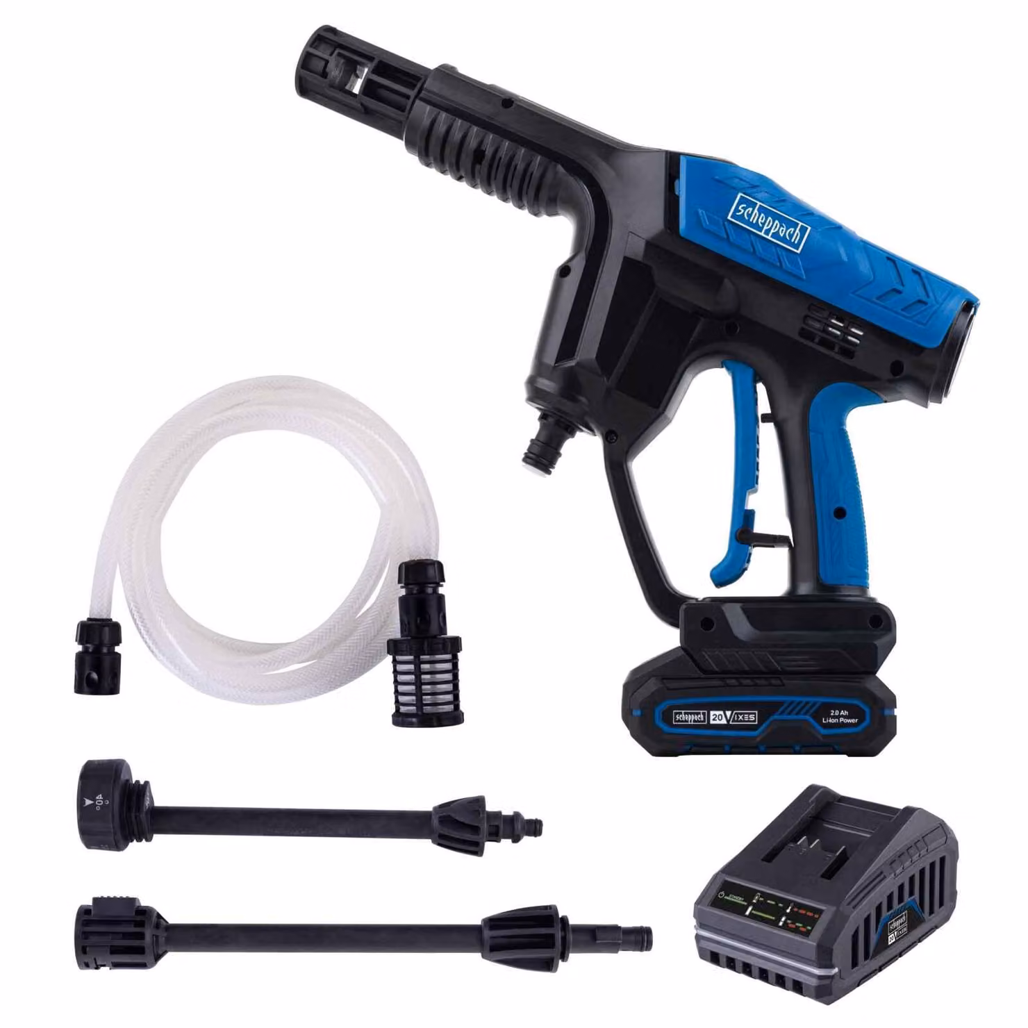 Idropulitrice a batteria Scheppach C-HPG35-X - 20 V | 35 bar | Portata 180 l/h | Tubo flessibile da 6 m | Ugello regolabile | Batteria da 2 Ah + caricabatteria da 2,4 A inclusi