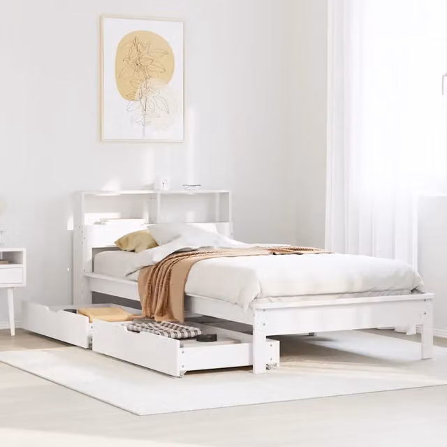 Letto Libreria vidaXL in Legno di Pino Bianco con Ripiani e Cassetti L/P/H: 220.5 x 100 x 112 cm