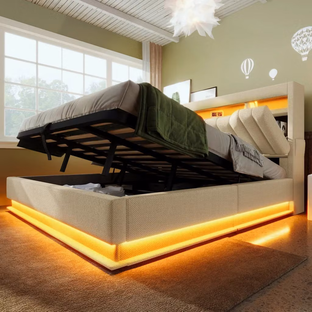 Letto matrimoniale WISHDOR con contenitore idraulico, illuminazione LED, porte USB e Type-C, materasso ibrido incluso, colore beige, L/P/H: 140 x 200 x 52 cm – 2