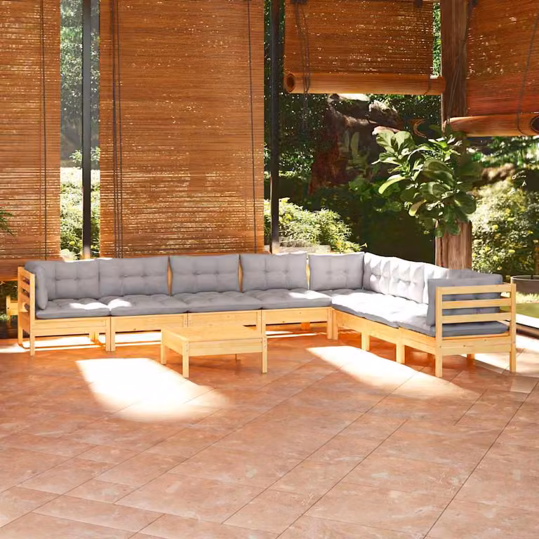 vidaXL Set Divani da Giardino 9 pz in Legno Massello di Pino con Cuscini Grigi
