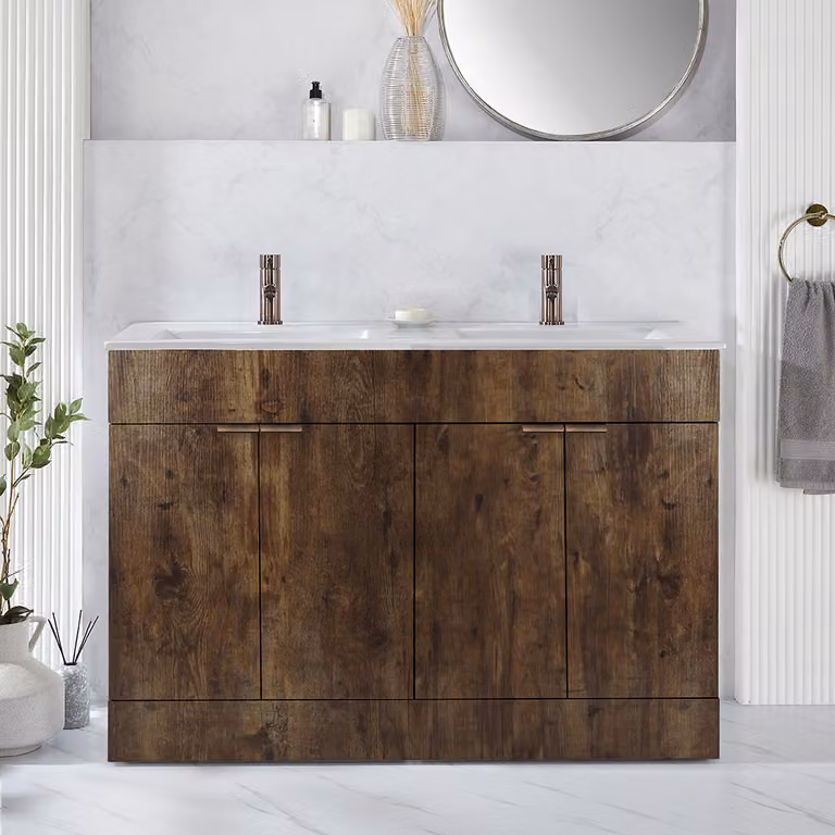 Mobile Bagno a Terra Rovere Scuro da 1210mm con Doppio Lavabo e Maniglie con Impugnatura a Dito in Bronzo Spazzolato - Cluo