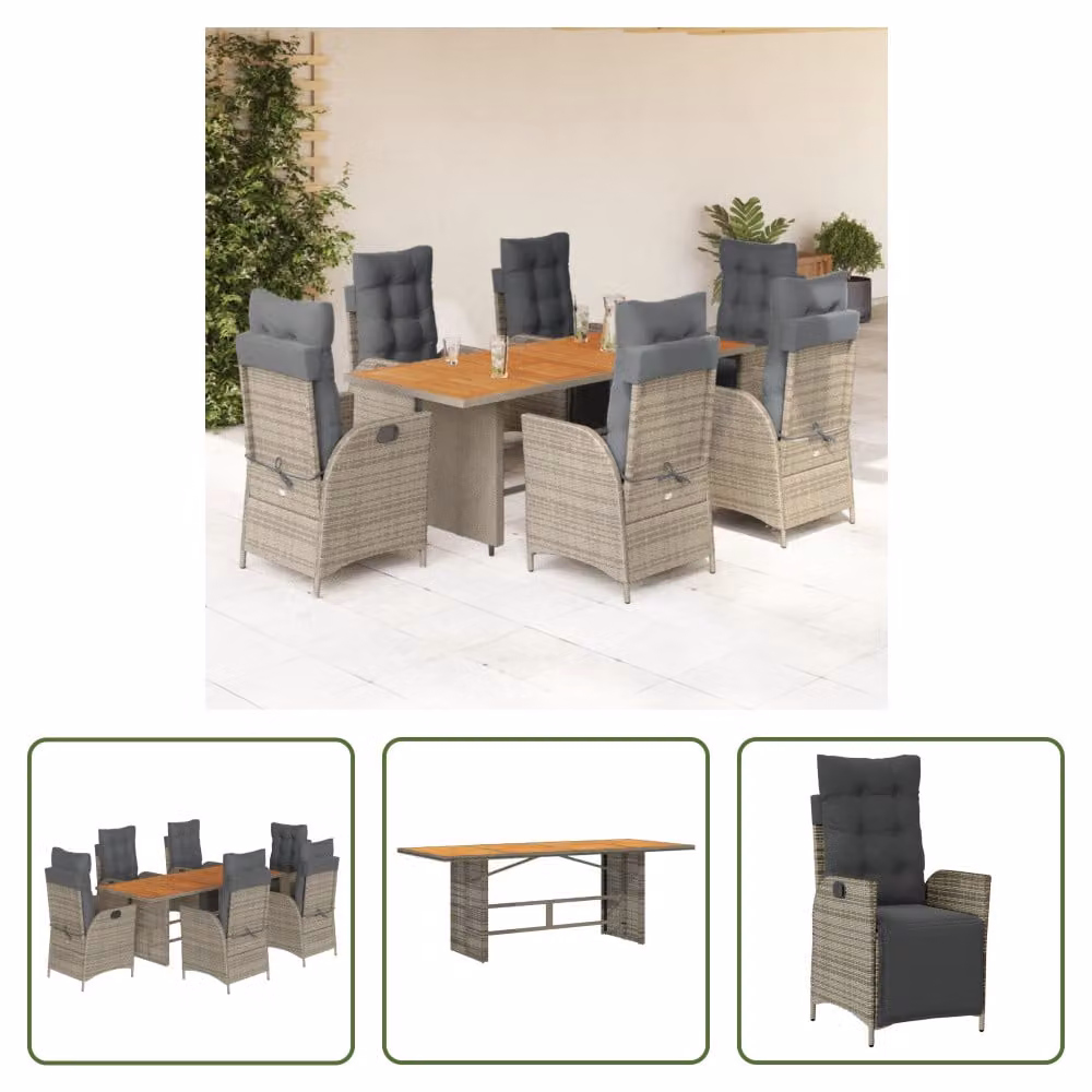The Living Store Set da pranzo da giardino 7 pezzi con cuscini in poly rattan grigio