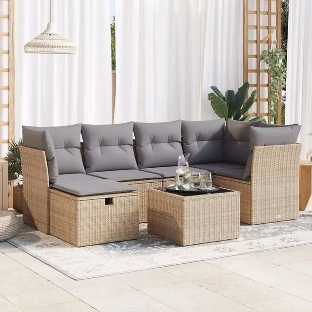 Set da giardino moderno vidaXL composto da 7 pezzi con divani a L, pouf, tavolino da caffè e cuscini beige con struttura in metallo e rattan