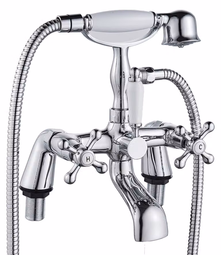 Miscelatore monocomando con doccetta, due maniglie, cromato, in ottone, modello H59