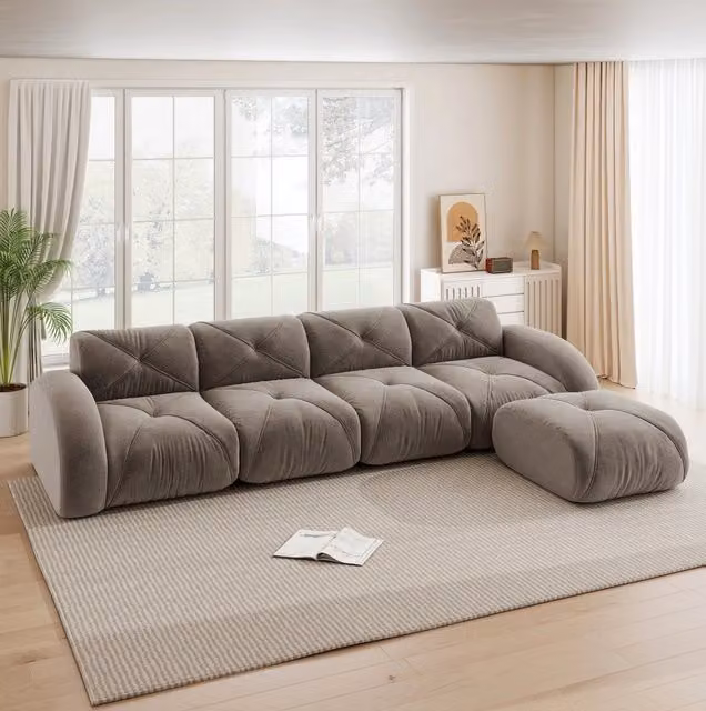 Divano modulare angolare senza struttura in ciniglia taupe con schiuma 32D