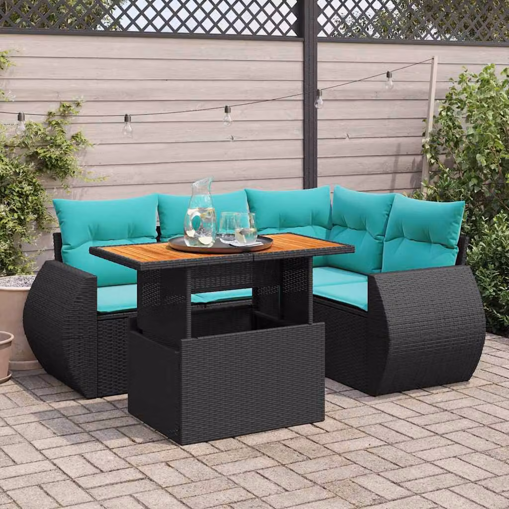 Set Divani da Giardino vidaXL 5 pz a Forma a L con Cuscini Blu e Nero e Tavolino da Esterno in Polyrattan e Acciaio