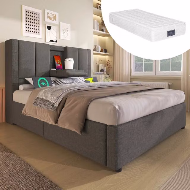 Letto contenitore Mivray con testiera in lino e ricarica USB/Type-C, grigio, L/P/H: 90 x 200 x 93 cm