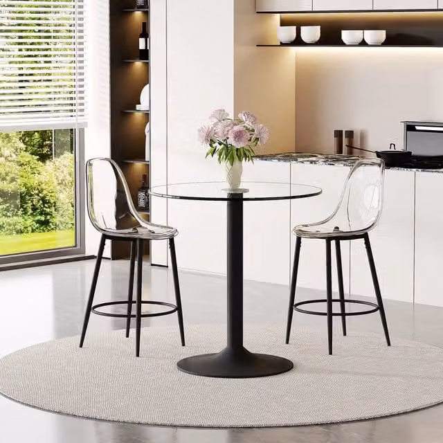 Tavolo bar rotondo in vetro con 2 sgabelli trasparenti, base in metallo nero, per cucina e soggiorno, 89 cm