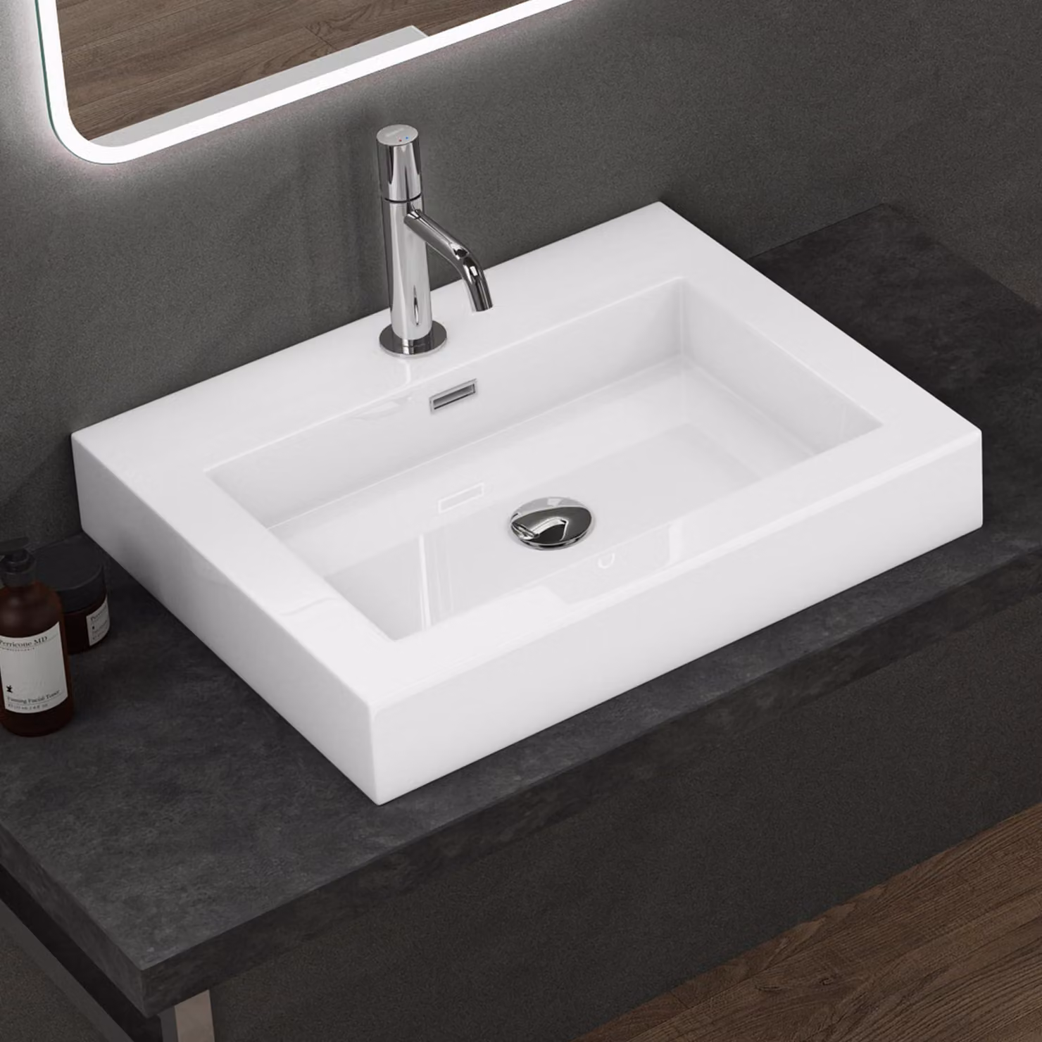 doporro Lavabo da Appoggio Rettangolare, Lavabo Bagno Sospeso con Foro Rubinetto e Troppopieno in Marmo Resina Bianco Lucido, Lavandino Bagno 60x48x10cm Colossum18