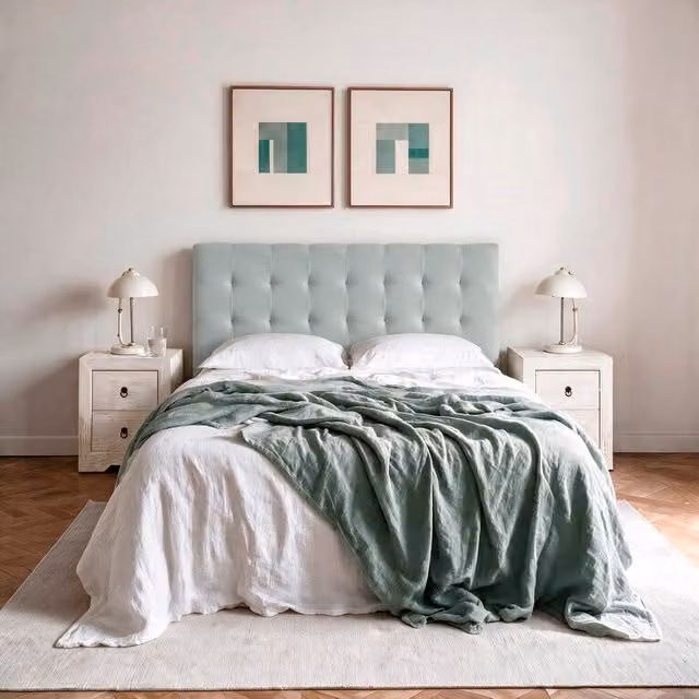 Testiera imbottita Neris Banak per letto, colore blu acquamarina, L: 165 cm, H: 120 cm, P: 8 cm