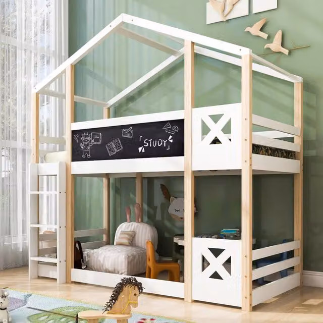 Letto a castello per bambini 90 × 200 cm 2 posti con scala, lavagna e protezioni, senza materasso, bianco