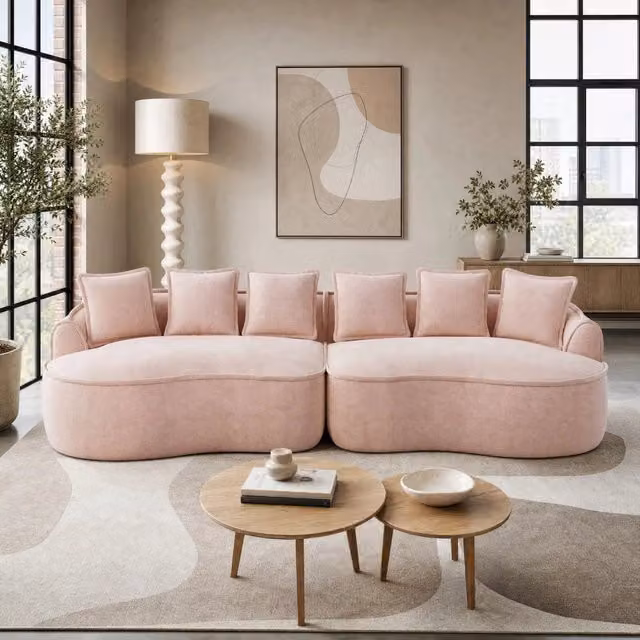 Divano modulare senza struttura in chenille con chaise longue profonda e braccioli larghi; rosa