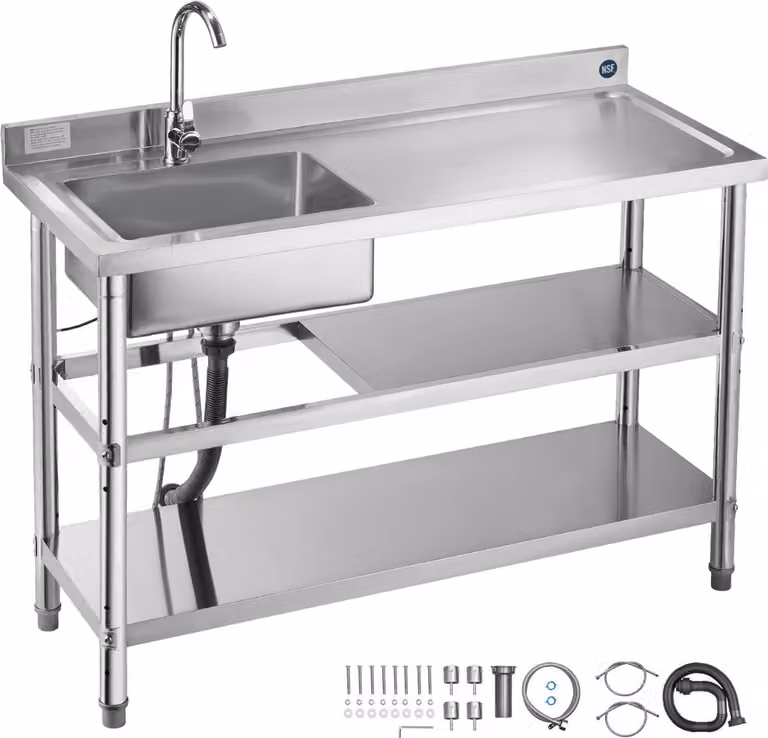 Lavello da cucina in acciaio inox - Vasca singola con piano di lavoro - Dimensioni 120 x 50 x 94 cm - Con rubinetto - Due ripiani - Indipendente - Vasca a destra