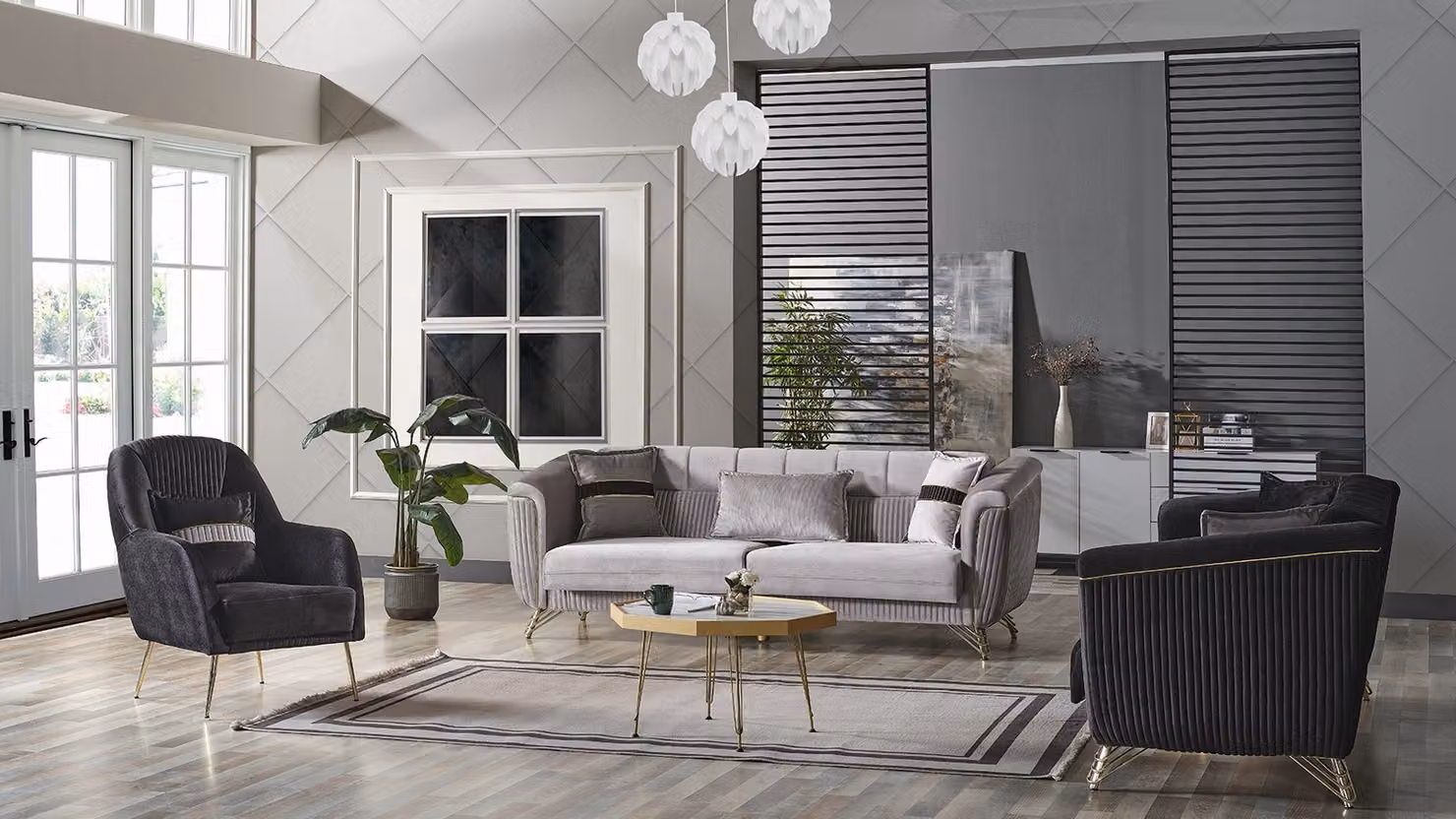Sofagarnitur 3+3+1 Sitzer Textil Holz Sofa 3 Sitzer Modern Sessel Komplett Set