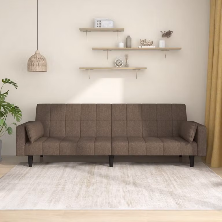 Divano letto 2 posti con 2 cuscini, rivestito in tessuto color taupe