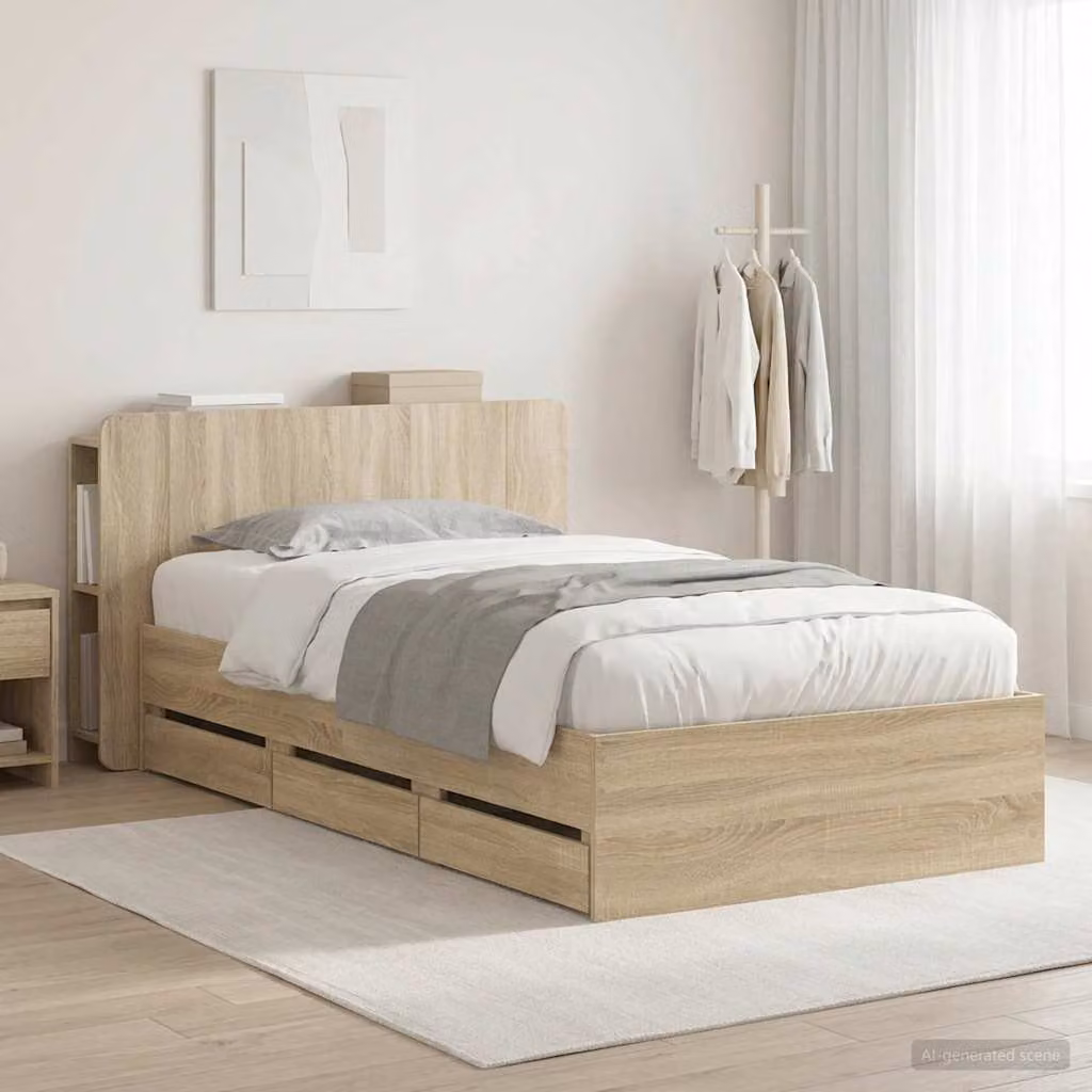 Struttura letto con contenitore e testata vidaXL in Rovere Sonoma marrone L: 140 cm, P: 80 cm, H: 221,5 cm
