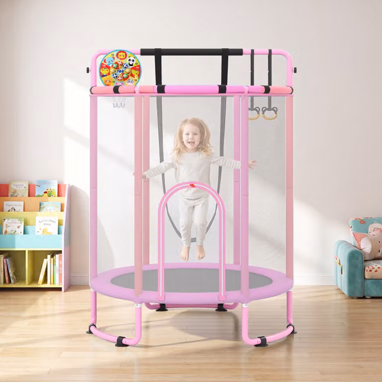 Costway Trampolino 6in1 per bambini con rete di protezione, altalena, sbarra, anelli e canestro, Rosa, Diametro: 152,4 cm
