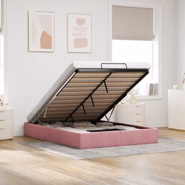 Struttura Letto Pouf senza Materasso-Giroletto con contenitore Rosa 140x200 cm in Velluto