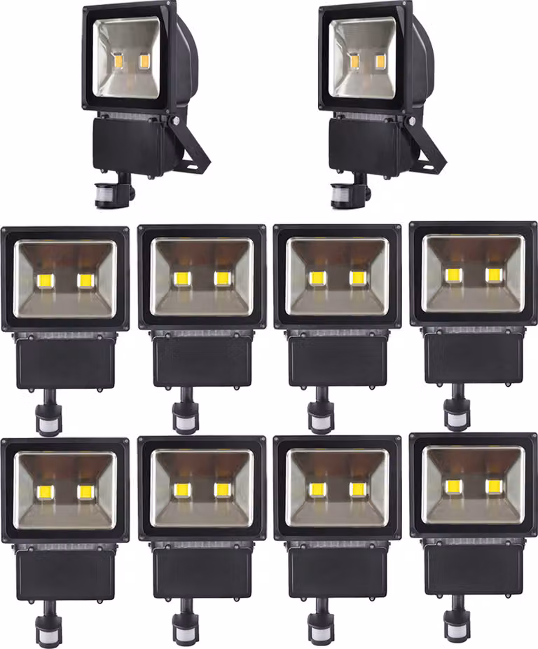 10 pezzi di faretti LED da 100 W con sensore di movimento PIR, Greenmigo bianco caldo impermeabile IP65 illuminazione di sicurezza super luminosa per giardino, cortile, magazzino, piazza, cartellone pubblicitario