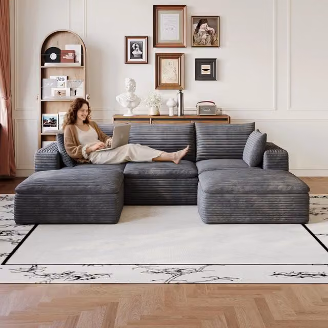 Divano 260 cm in Tessuto a Coste ¨C MINIMAL ¨C Grigio Scuro, Imbottito, Senza Montaggio