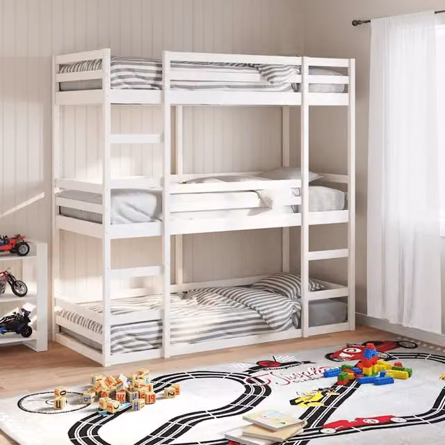 Letto a Castello Triplo Bianco 90x200 cm Legno Massello di Pino 3284255