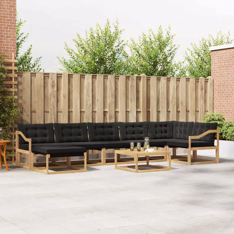 Set di divani da esterno vidaXL 8 pz in legno di acacia con cuscini bianchi e neri e tavolino da giardino a forma di L
