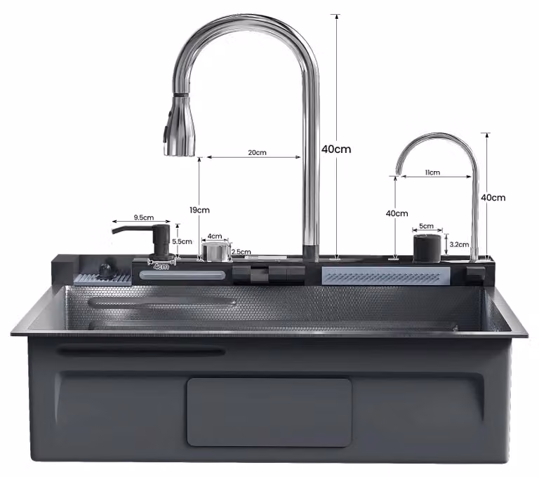 Lavello da cucina con miscelatore - Vasca singola - Acciaio inossidabile 304 - Rettangolare - Display digitale - Dispenser per sapone e dosatore per detersivo - Finitura nera spazzolata